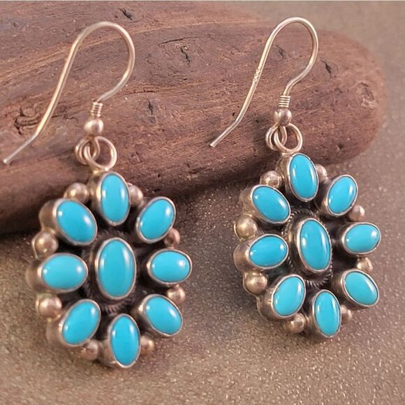 Sterling Zuni Native American Sleeping Beauty Blue Turquoise Drop Earrings - Picture 4 of 8